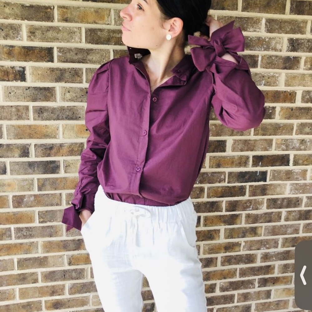 Purple Long Sleeve Boxy Button Down Shirt, Bow Blouse